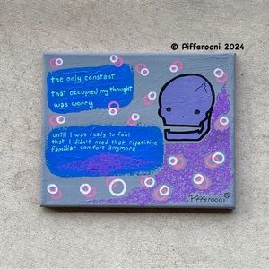Original WORRY Cute Skull Truism Poetry Painting